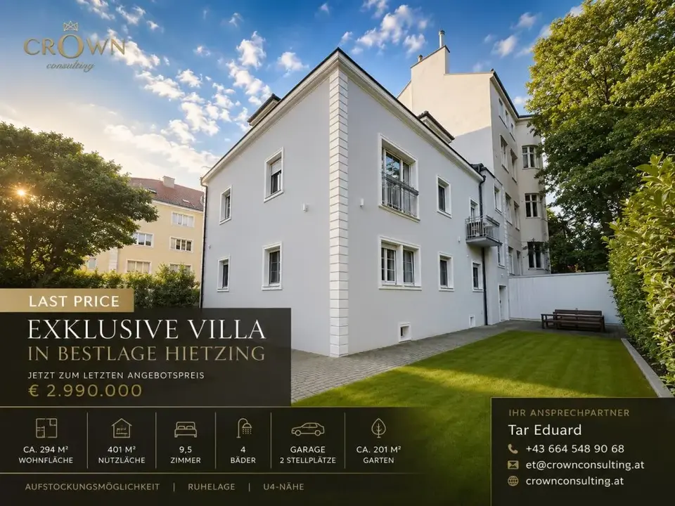 LAST PRICE - Exklusive Villa in Bestlage Hietzing | 9,5 Zimmer | ca. 294 m² Wohnfläche | 401 m² Nutzfläche | Garten | Garage | U4-Nähe | Aufstockungsmöglichkeit | Jetzt EUR 2.990.000